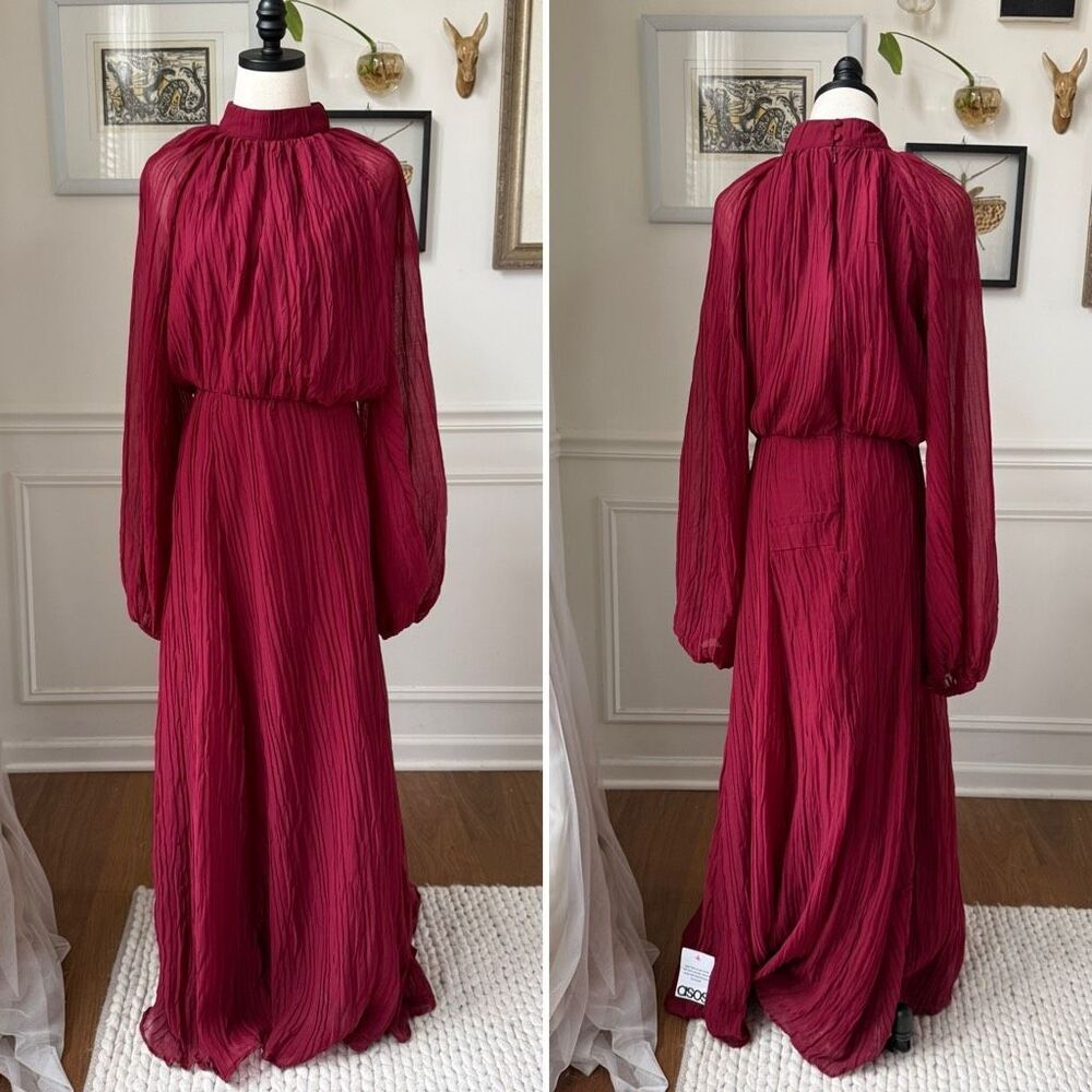 NWOT ASOS Design High Neck Crinkle Maxi Dress Blouson Sleeve 12 - Picture 1 of 9